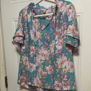 Crown & Ivy Floral Teal and Pink Blouse